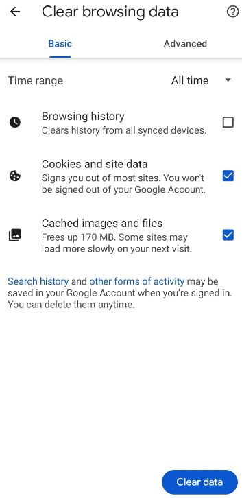 memorie cache android chrome